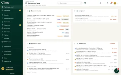 Le tableau de bord de CIME Plus : dossiers récents, agenda, ordre du jour