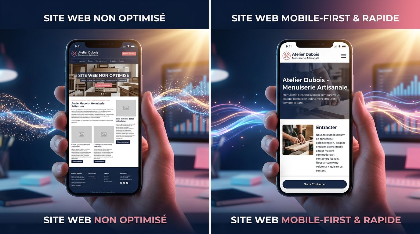 Comparaison entre un site non optimisé mobile et un site responsive bien conçu sur smartphone