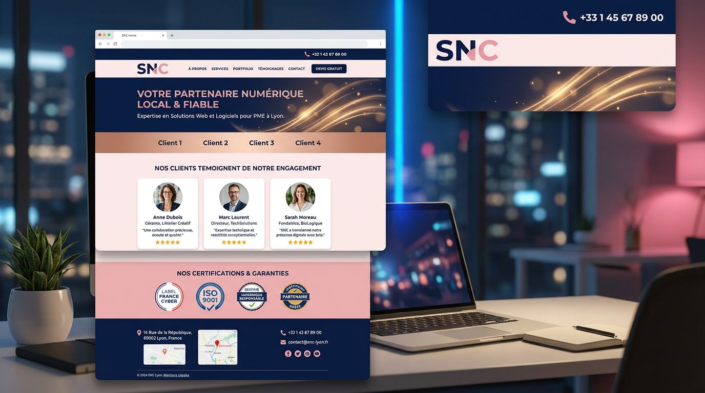 Page d'accueil d'un site PME avec éléments de confiance : avis clients, certifications et coordonnées visibles