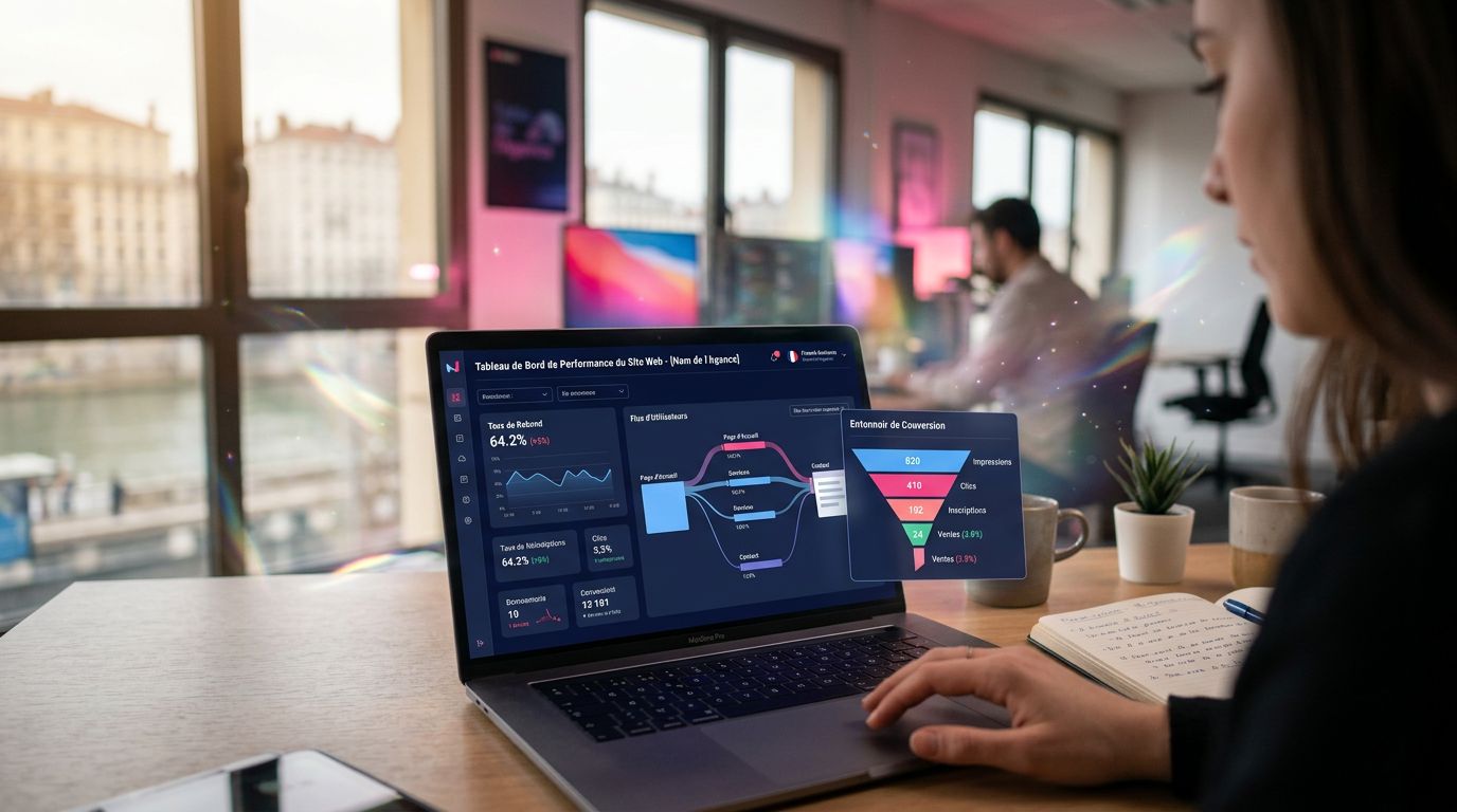 Tableau de bord analytics montrant le taux de rebond et l'entonnoir de conversion d'un site web