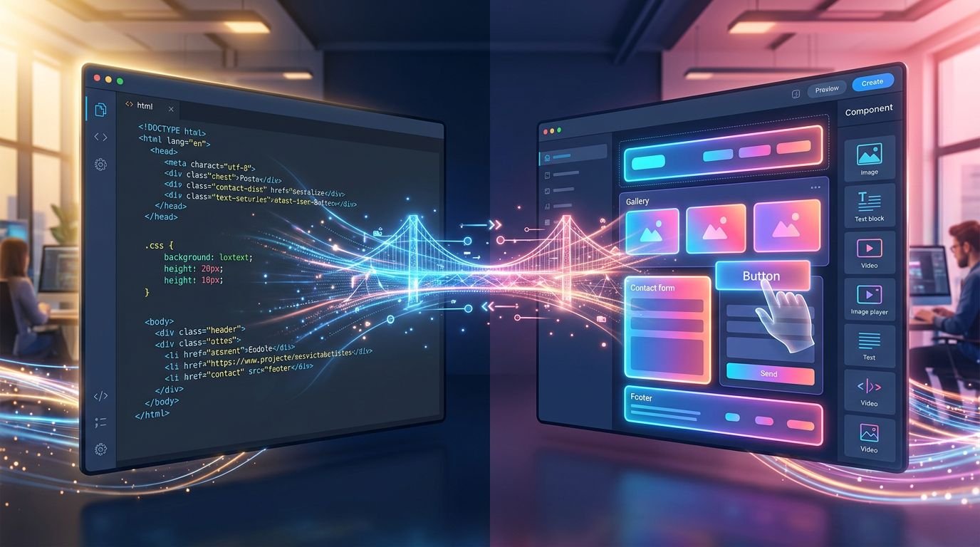 Comparaison entre éditeur de code et constructeur visuel de site web, deux approches complémentaires