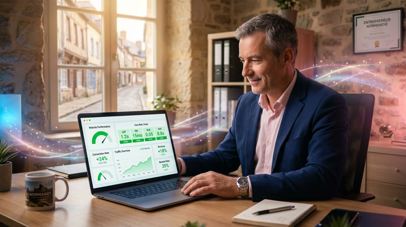 Chef d'entreprise consultant les performances de son site web avec des indicateurs de conversion au vert