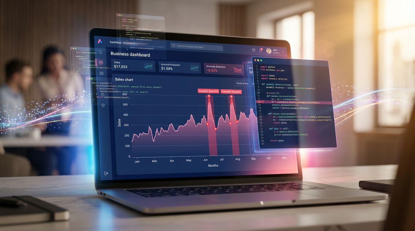Tableau de bord d'analyse de données avec détection d'anomalies et code Python visible, illustrant la transparence d'ADA