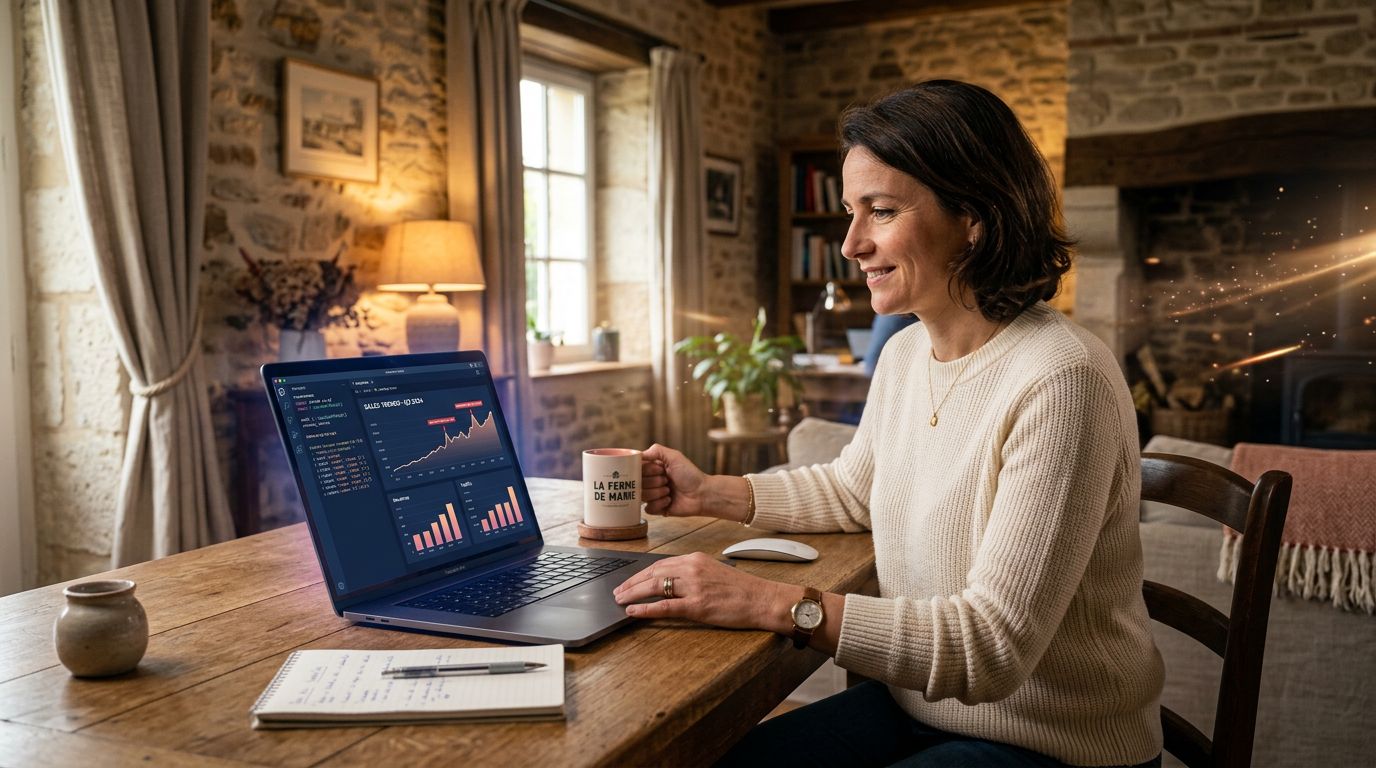 Un dirigeant de PME examine un rapport d'analyse transparent généré par ADA avec graphiques et code visible