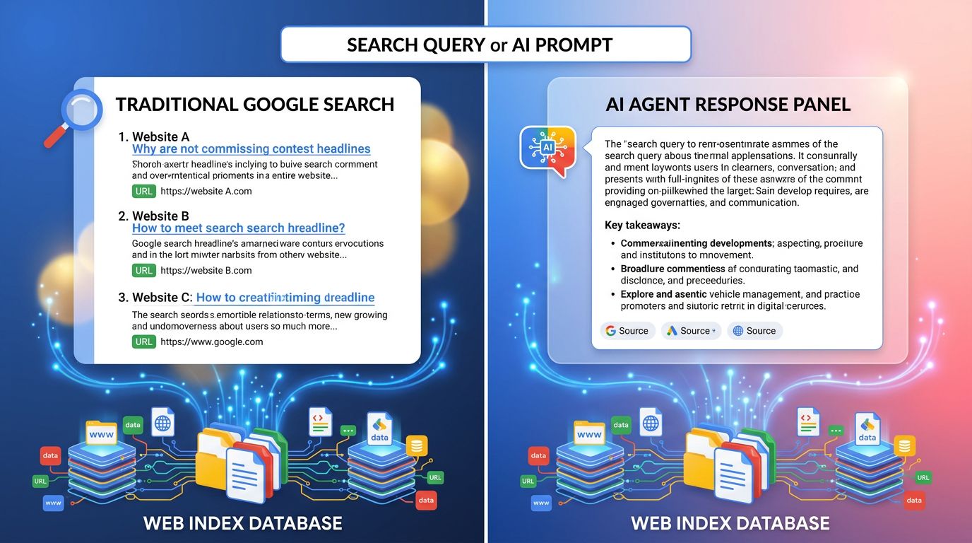 Schéma montrant que Google Search et les agents IA partagent le même index de données