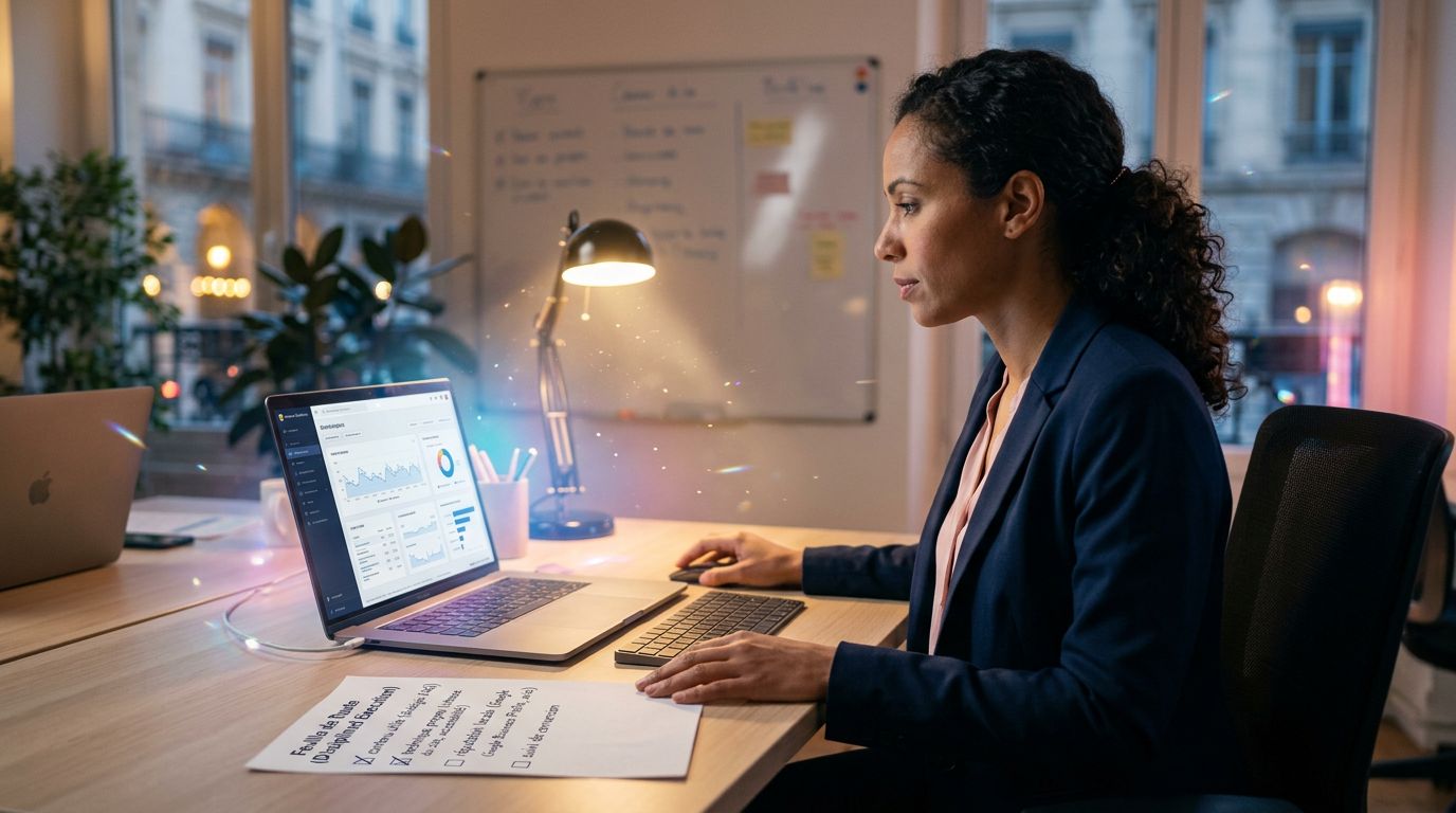 Chef d'entreprise analysant ses performances SEO avec une checklist de fondamentaux sur son bureau