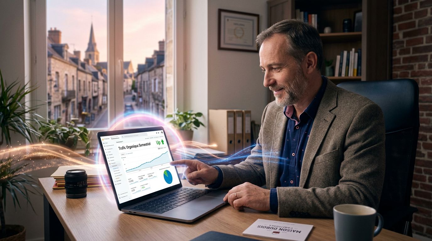 Chef d'entreprise normand consultant la progression de son trafic SEO grâce à l'automatisation de contenu