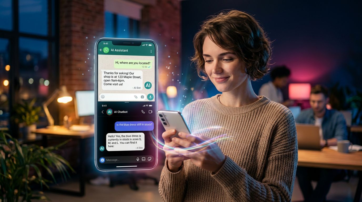 Dirigeant de PME consulte les réponses automatiques d'un agent IA sur WhatsApp et Instagram