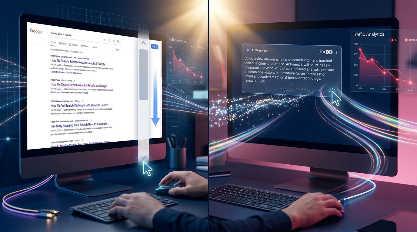 Confronto tra risultati Google tradizionali e AI Overviews che catturano l'attenzione prima dei link organici