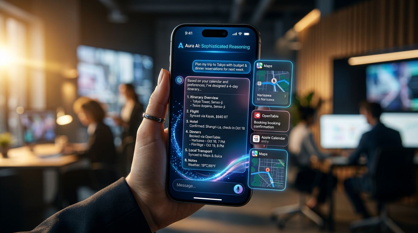 Interface du nouveau Siri façon ChatGPT avec des réponses contextuelles avancées sur iPhone