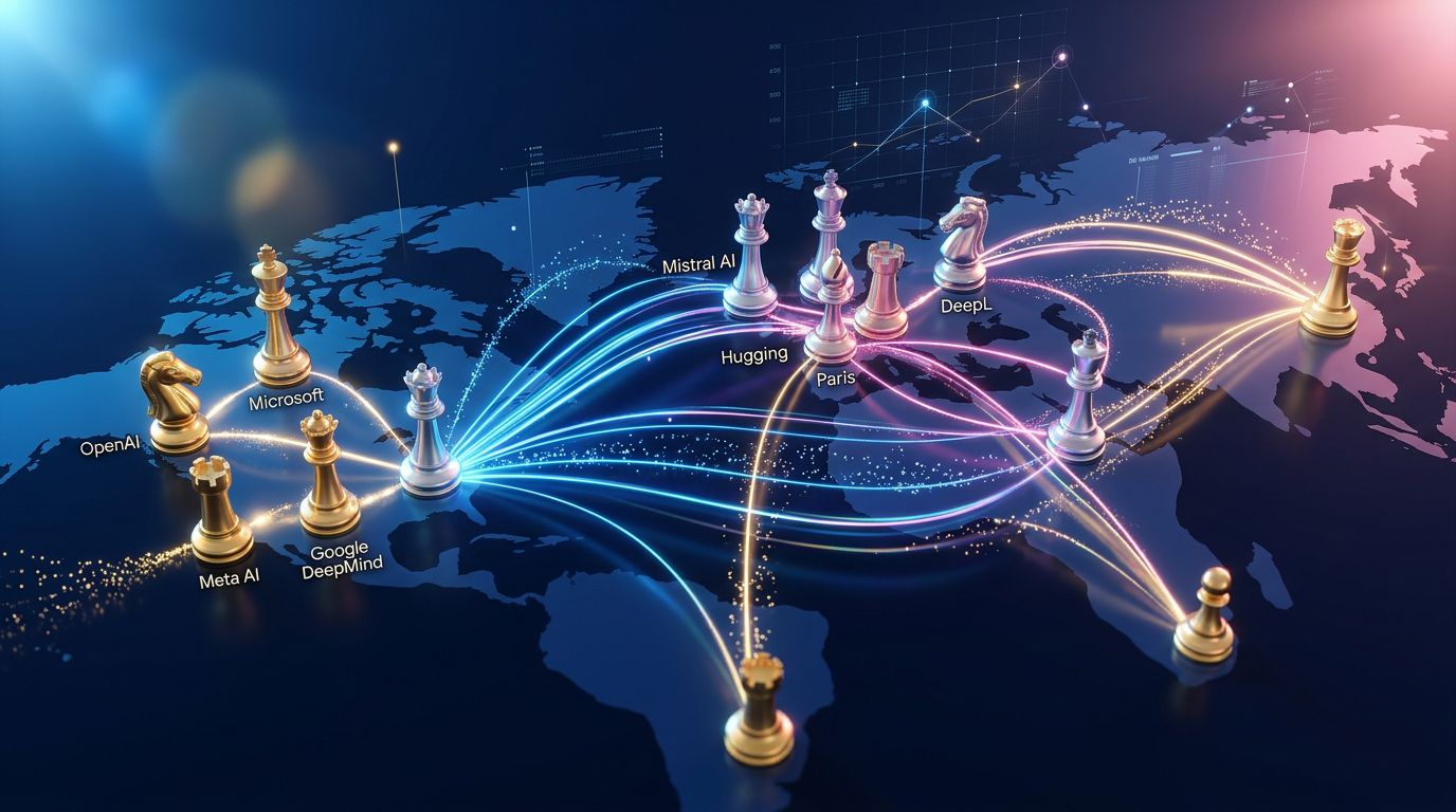 Carte stratégique de l'écosystème IA mondial entre acteurs américains, européens et asiatiques
