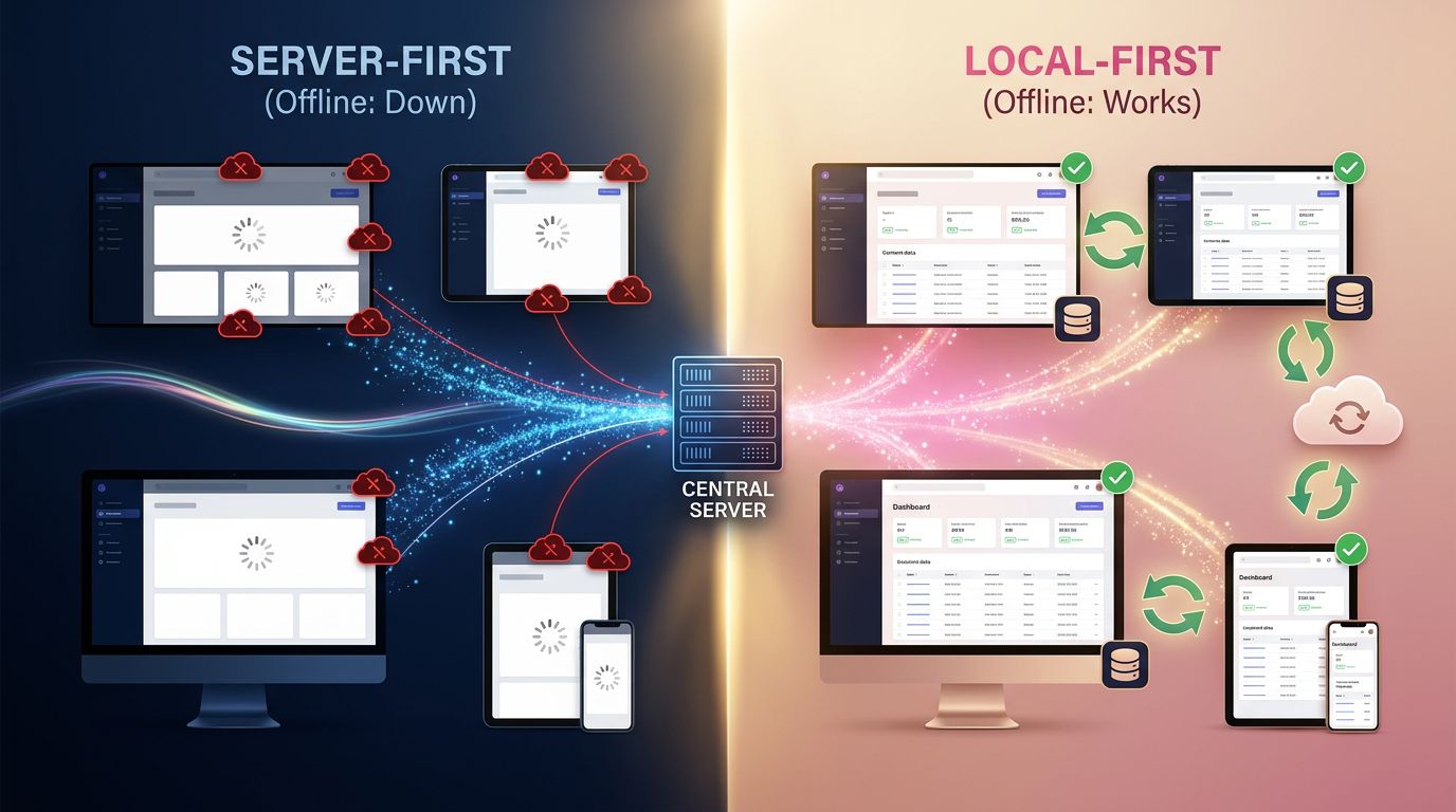 Comparaison visuelle entre architecture serveur-first et local-first, montrant la résilience de l'approche locale