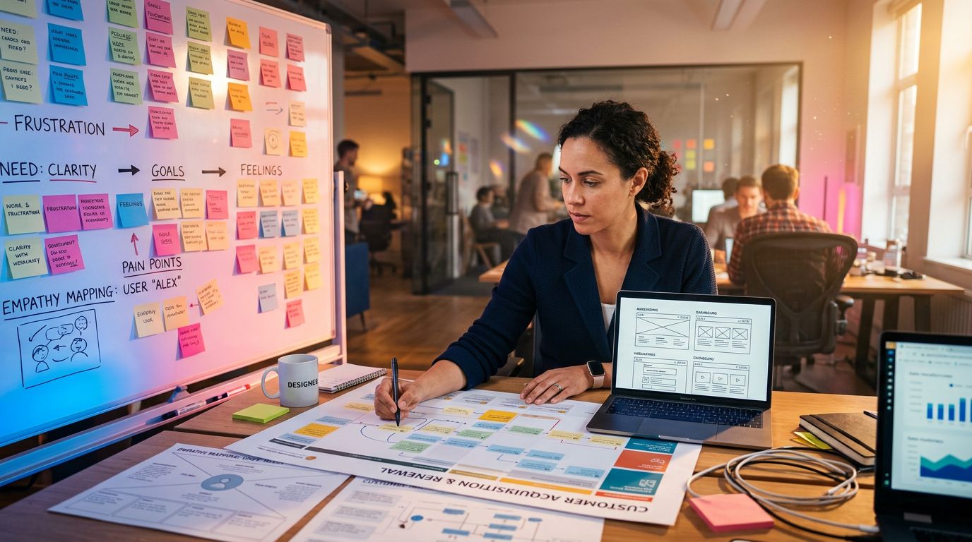 Un designer UX travaille sur des parcours utilisateurs et des wireframes dans un environnement de travail collaboratif