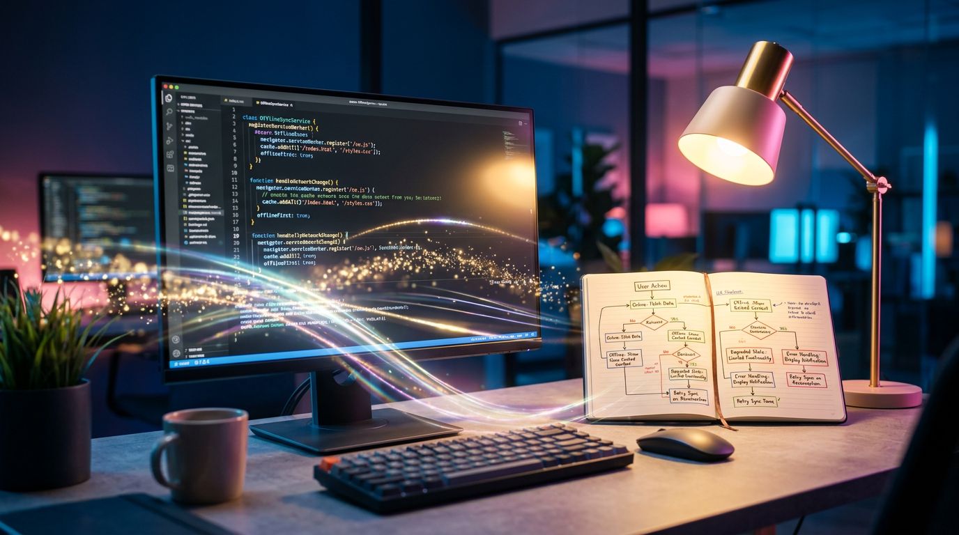 Environnement de développement montrant du code d'architecture local-first et des schémas UX pour les états dégradés