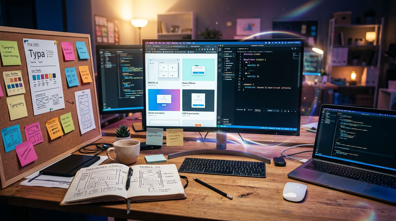 Espace de travail d'un développeur web avec prototypes d'interface et expérimentations de design system