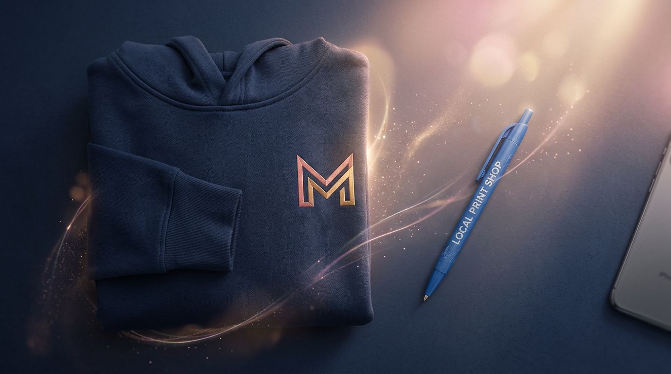 Comparaison entre un hoodie d'entreprise logotypé de qualité et un stylo publicitaire générique
