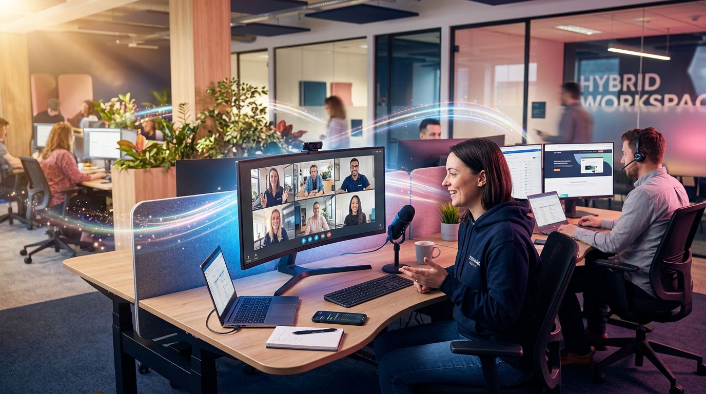 Équipe hybride en télétravail portant des vêtements d'entreprise logotypés lors d'un appel vidéo