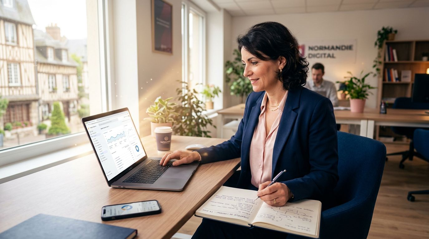 Dirigeant de PME analysant sa stratégie de contenu web pour améliorer sa visibilité en ligne