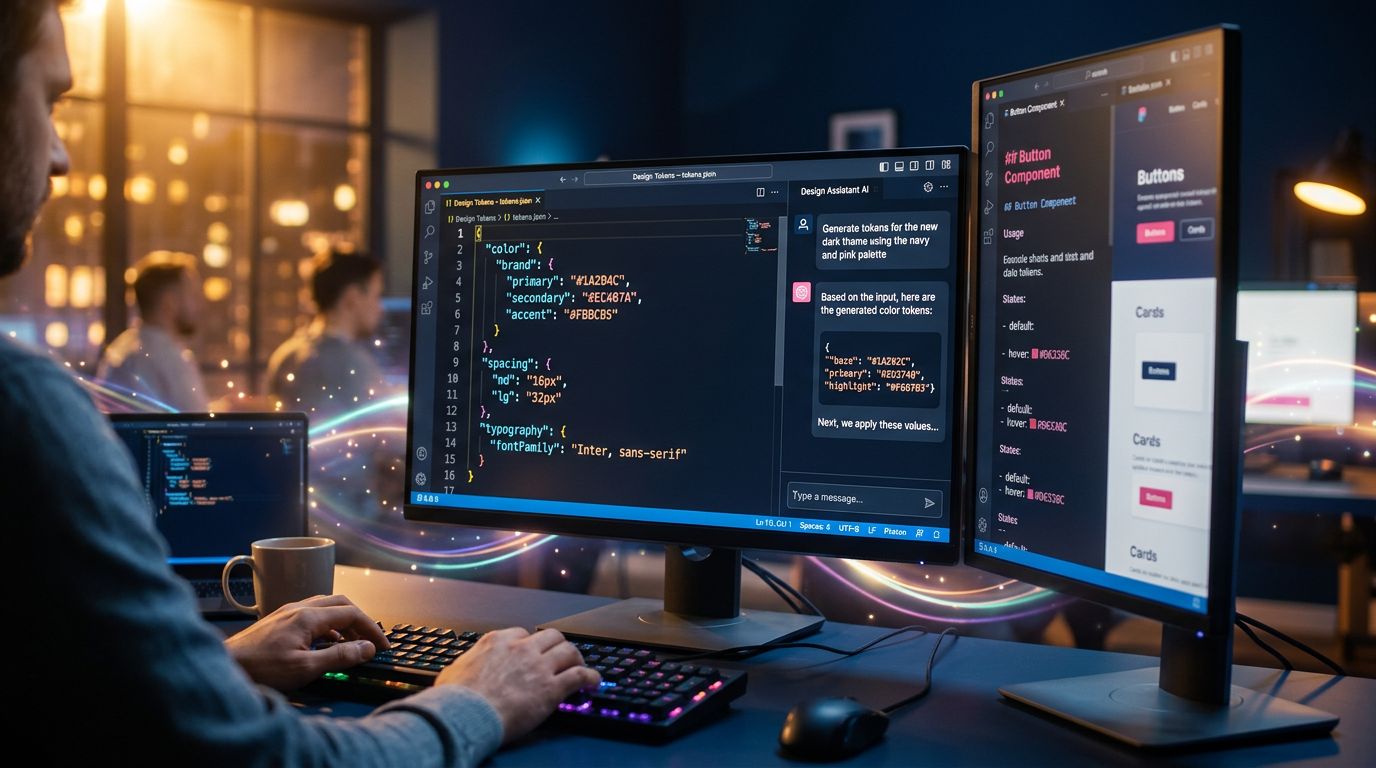 Développeur utilisant des tokens de design structurés avec un outil IA pour générer du code cohérent