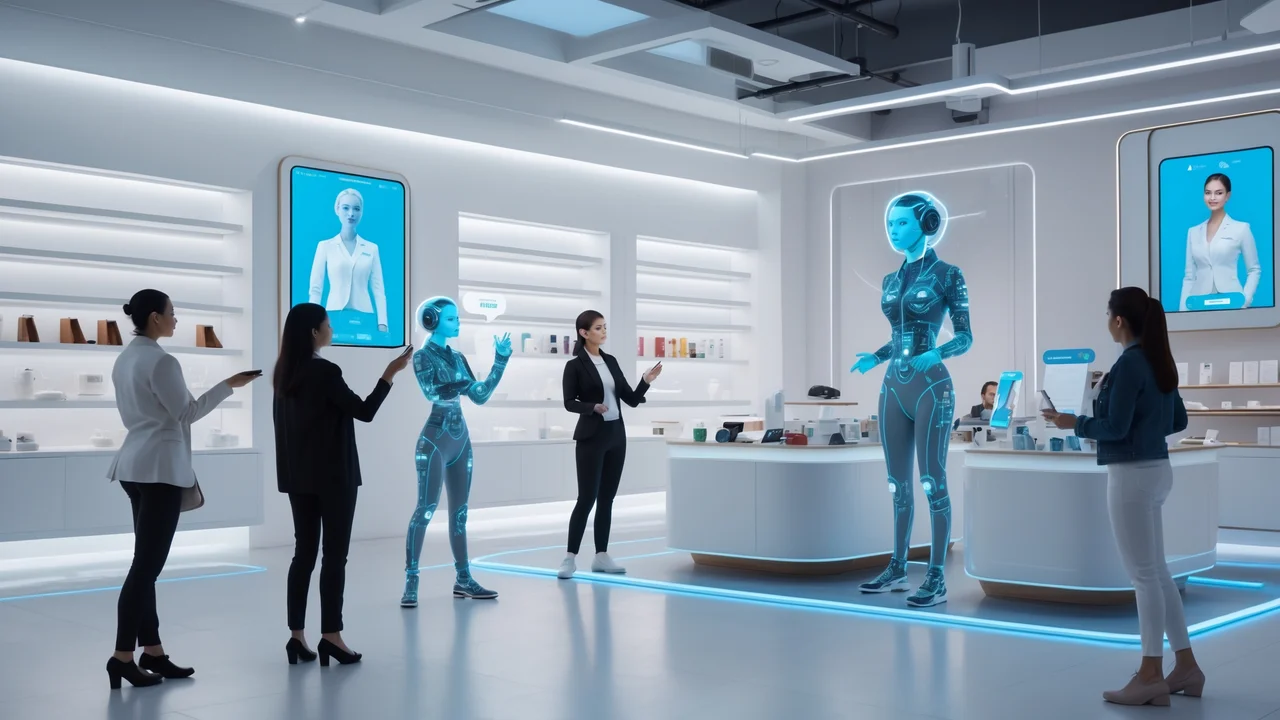 Environnement commercial futuriste avec avatars IA et assistants virtuels interactifs