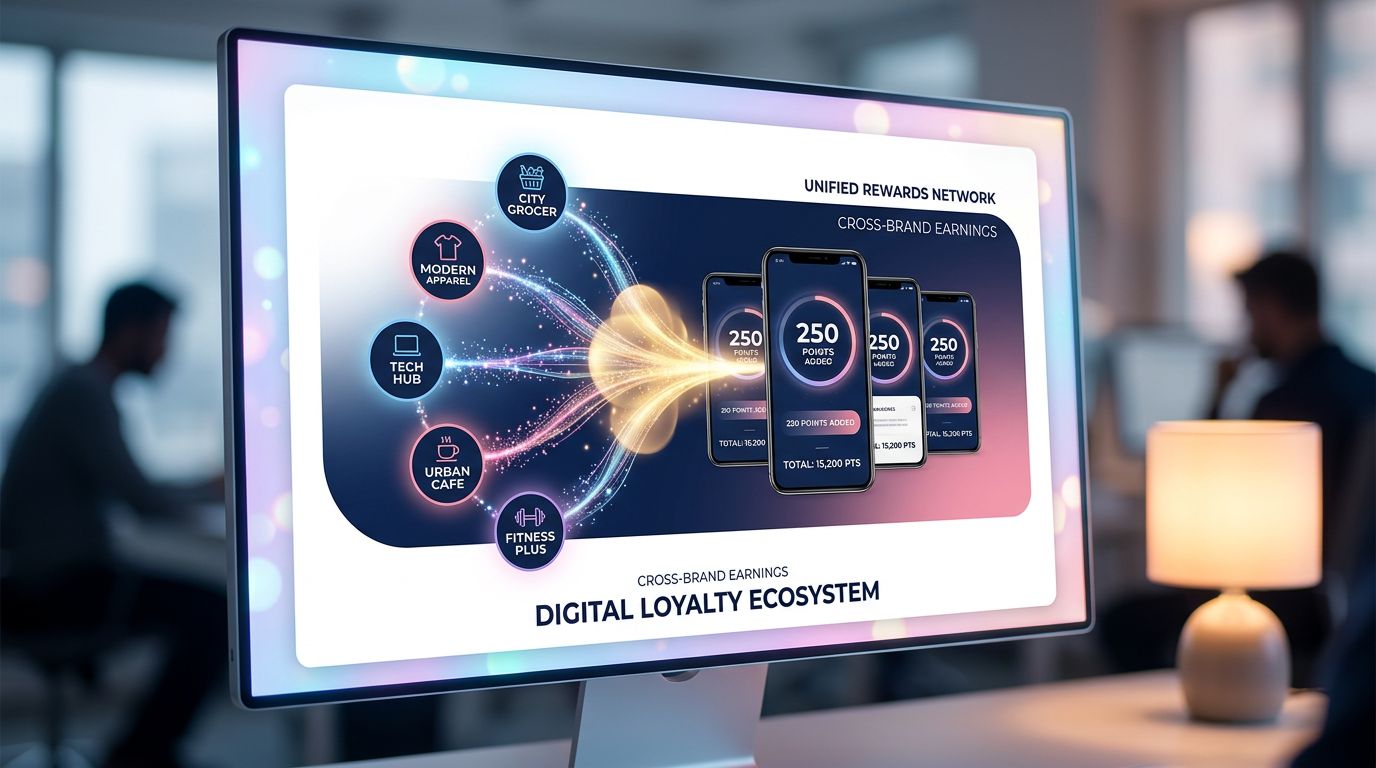 Schéma illustrant un programme de fidélité partagé entre plusieurs enseignes e-commerce connectées