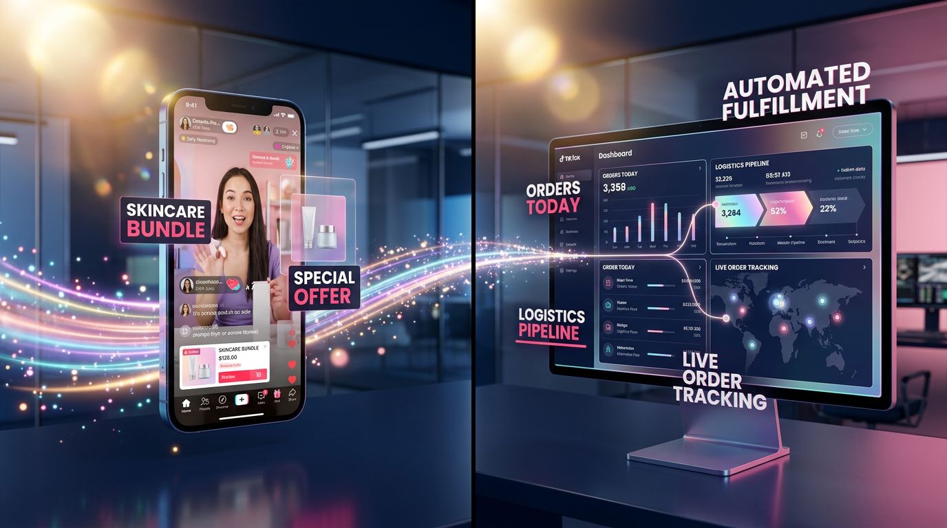 Interface montrant la connexion entre une vente en live sur réseau social et le traitement automatisé des commandes