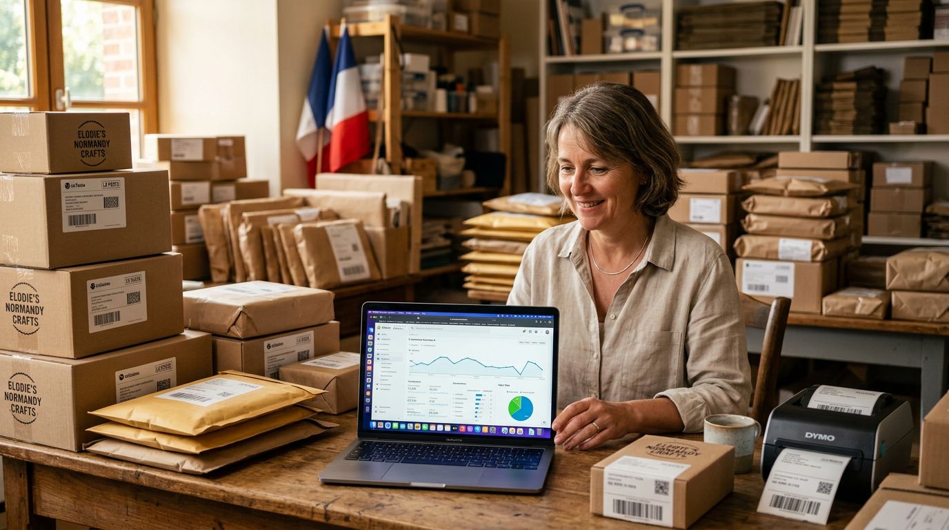 Chef d'entreprise normand gérant ses commandes e-commerce avec efficacité depuis son bureau