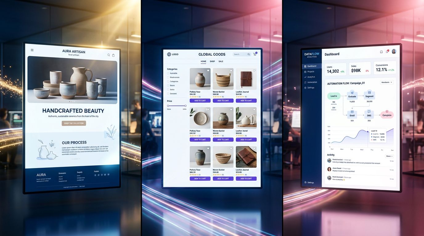 Comparaison visuelle des trois types de sites web : vitrine, boutique en ligne et application métier