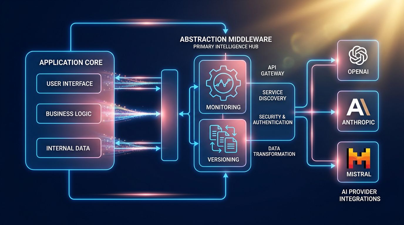 Schéma d'architecture montrant une couche d'abstraction entre une application et plusieurs fournisseurs d'IA