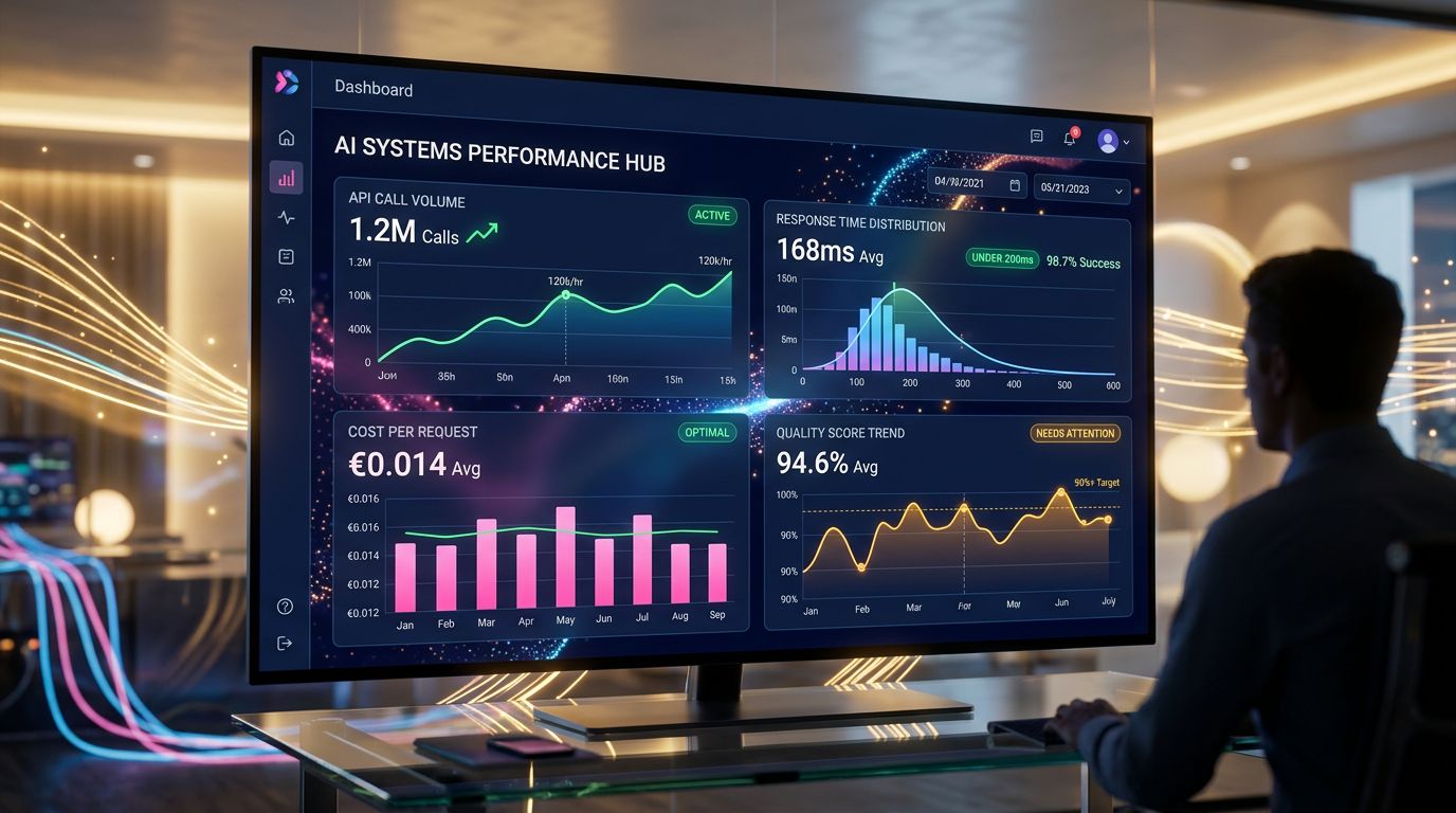 Tableau de bord de monitoring pour un système IA avec métriques de performance et de coût en temps réel