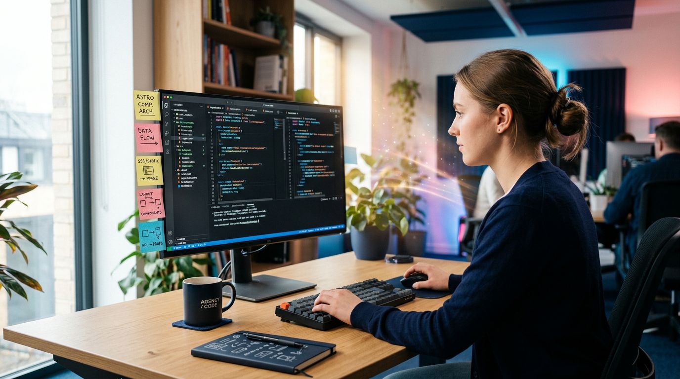 Un développeur web travaille sur un projet Astro avec des notes d'architecture visibles