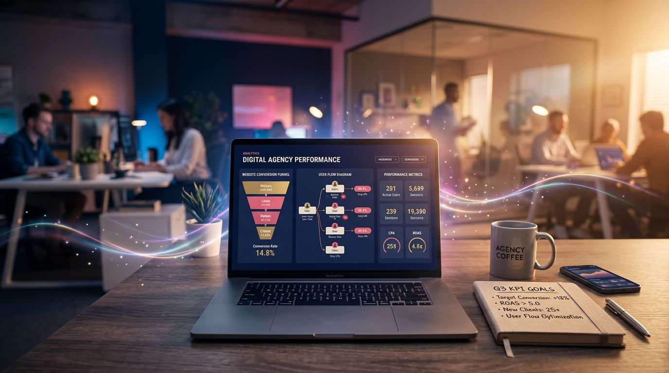 Un écran d'ordinateur affiche un tableau de bord analytique avec des entonnoirs de conversion et des métriques de performance