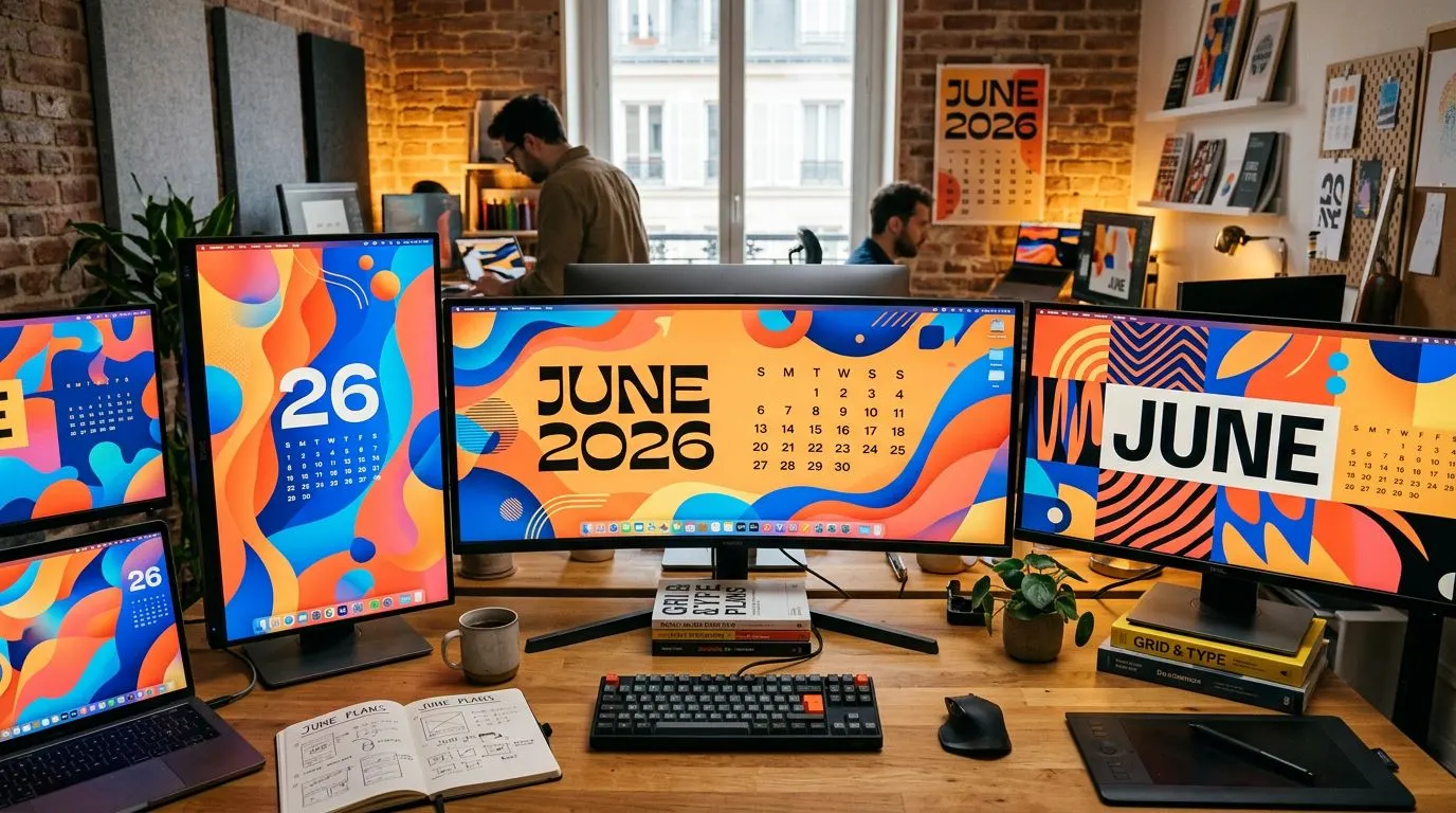 Collection de wallpapers juin 2026 illustrant les tendances webdesign : typographie expressive, couleurs vives et formes organiques
