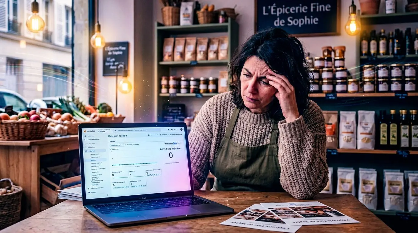 Frustrated business owner in front of his website with no visitors, empty analytics on screen