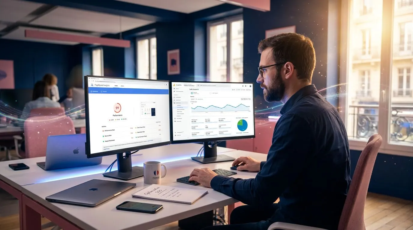 Website audit in agency, SEO performance analysis and metrics on screens