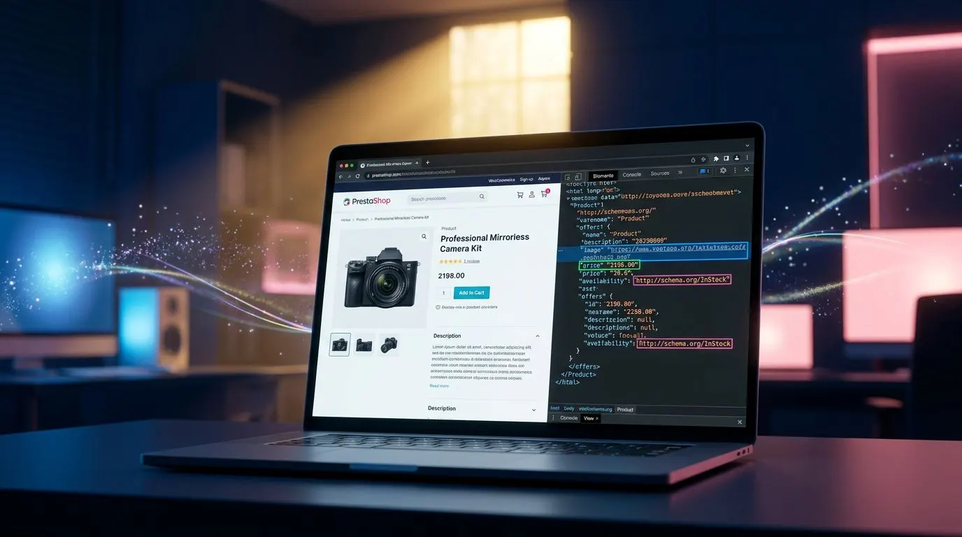 E-commerce product page with Schema.org Product markup visible in the browser developer tools