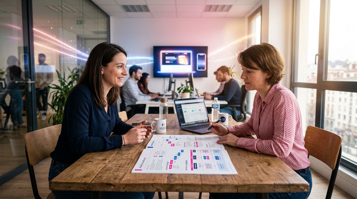 Réunion entre une agence web et un client PME pour valider un devis de création de site