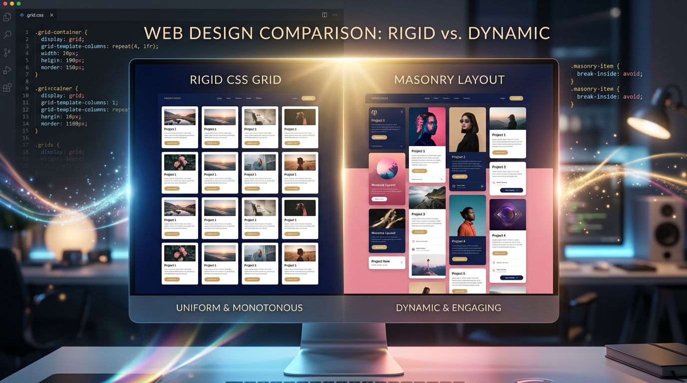Comparaison entre une grille CSS uniforme rigide et une mise en page Masonry dynamique avec des blocs de tailles variées