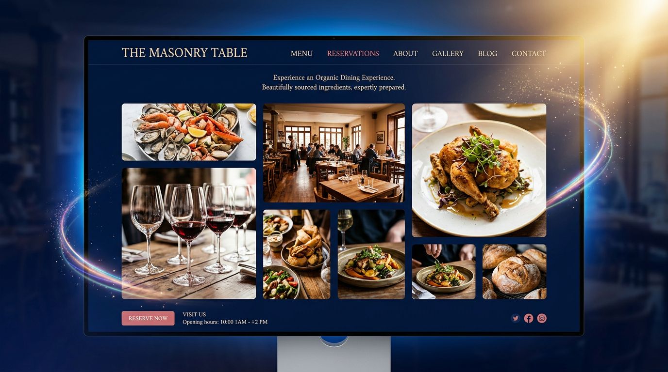 Exemple de site restaurant avec une mise en page Masonry mêlant photos de salle, plats et ambiance dans une grille organique