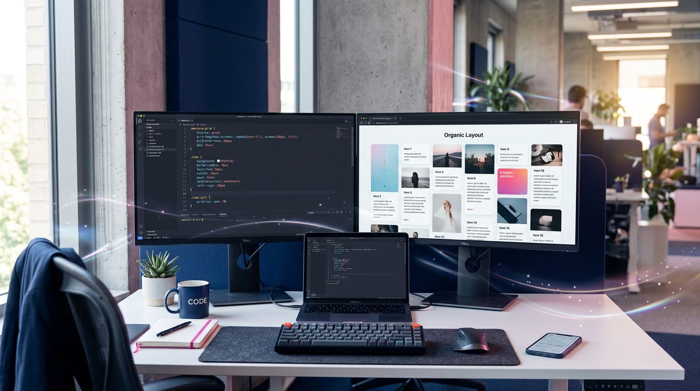 Environnement de développement avec code CSS Grid Lanes visible et aperçu du rendu Masonry dans le navigateur