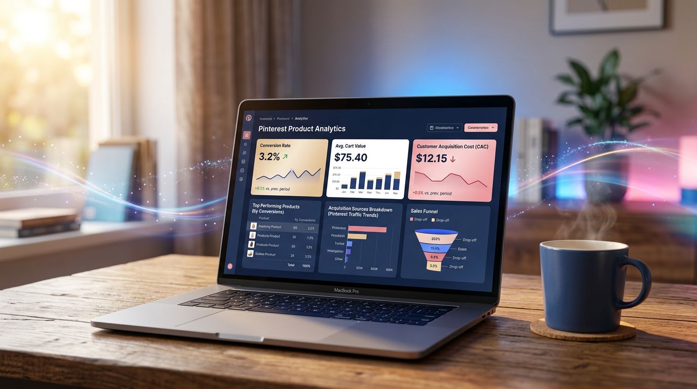Panel de análisis de Pinterest e-commerce mostrando conversiones y coste de adquisición en la pantalla de un ordenador