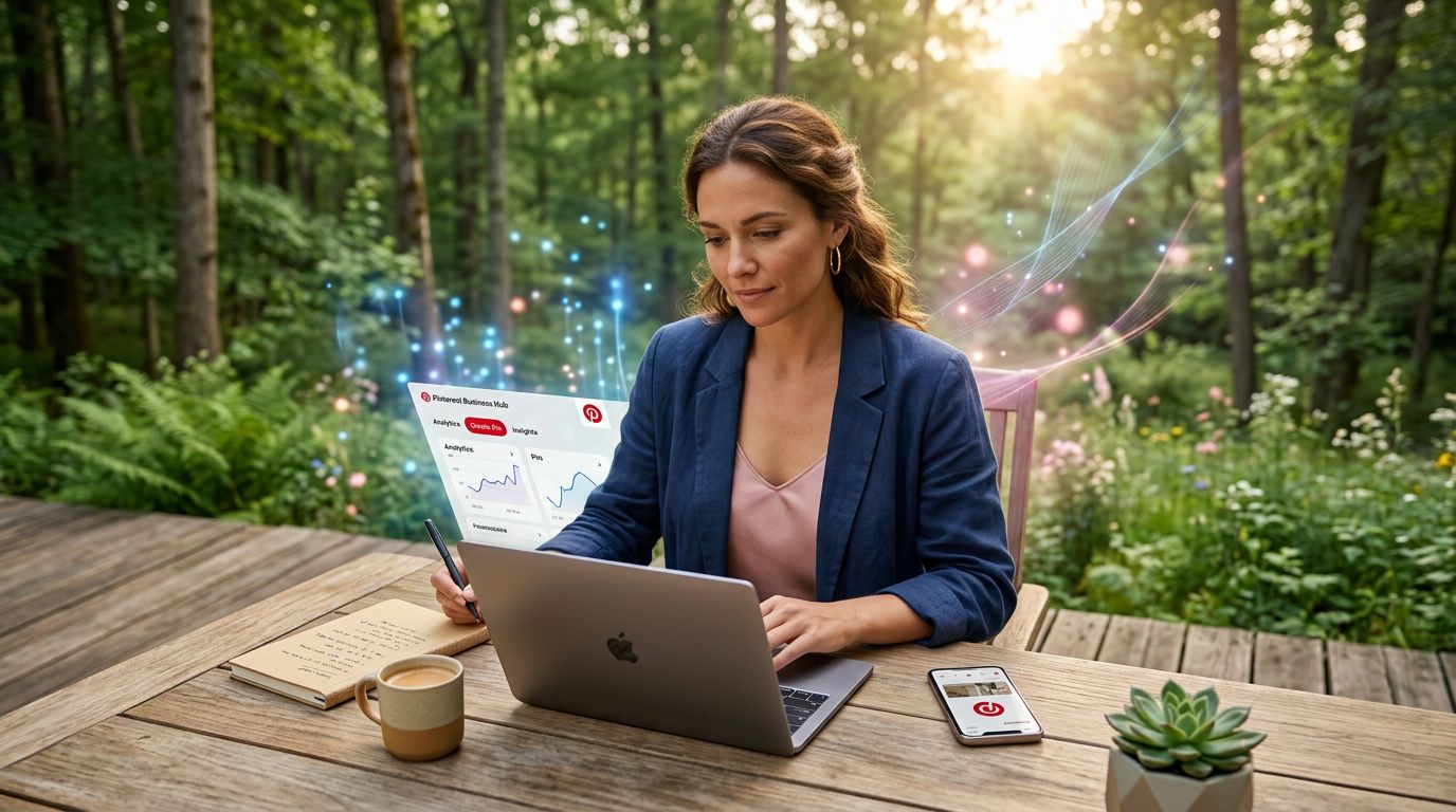 Emprendedor sereno trabajando al aire libre con Pinterest abierto, ilustrando el equilibrio entre negocio y calidad de vida