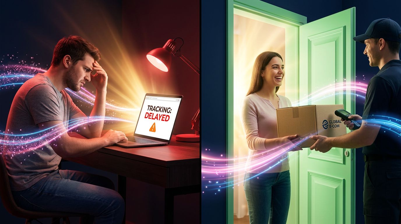 Un client frustré par un suivi de livraison défaillant à gauche, et un client satisfait à la réception de sa commande à droite