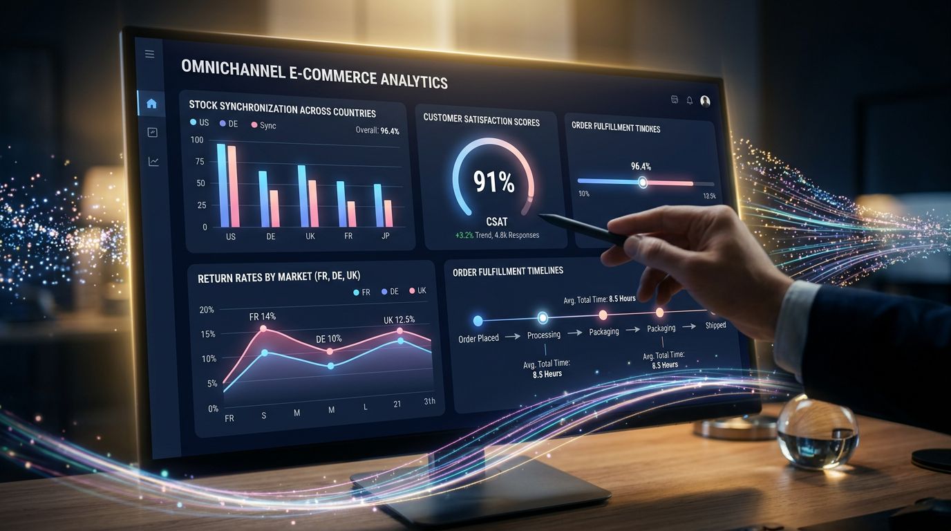 Tableau de bord analytique omnicanal montrant les performances par marché pour un e-commerce international