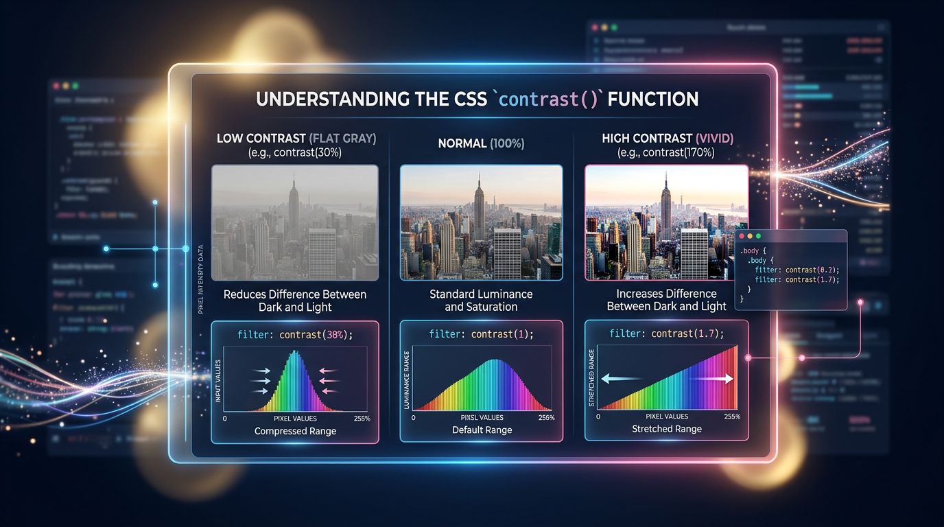Diagramm zur Veranschaulichung der Wirkung der CSS-Funktion contrast() auf die Pixelwerte eines Bildes
