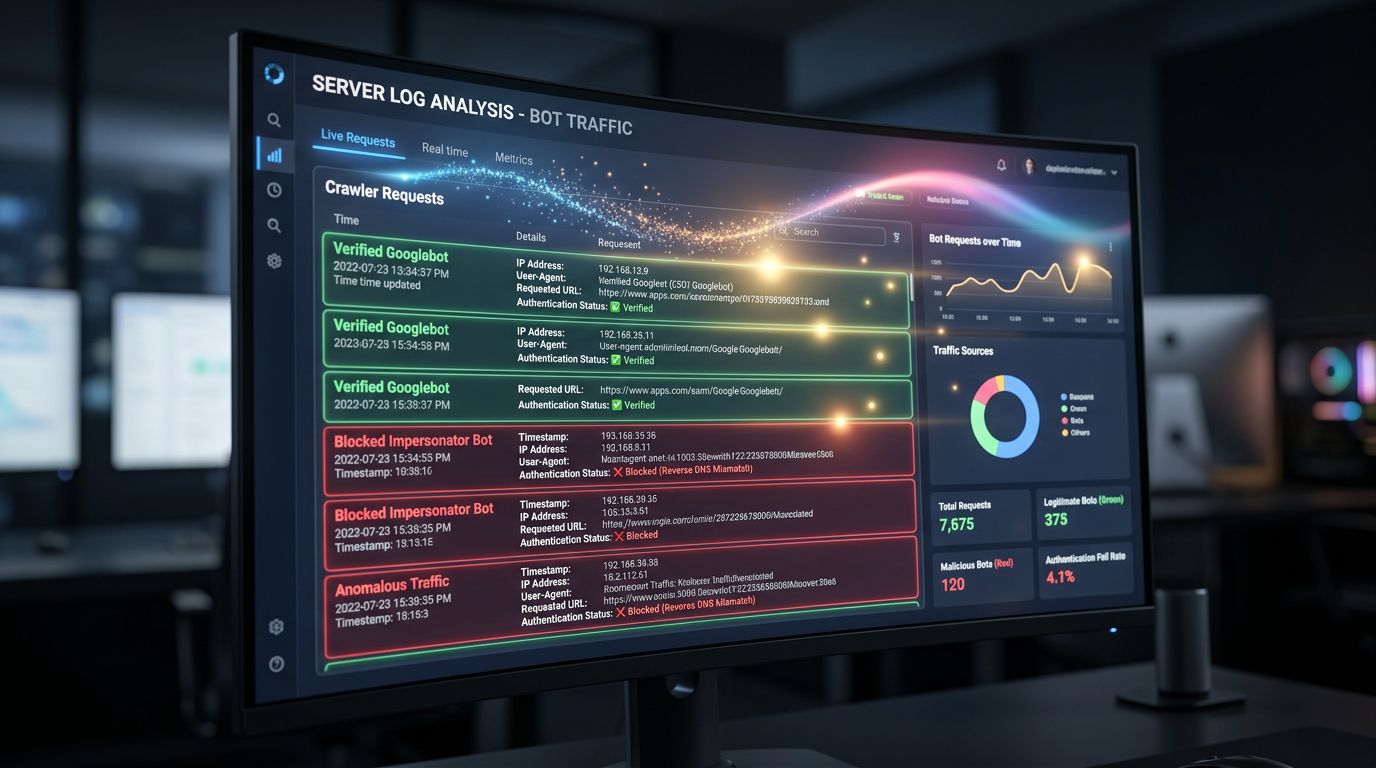 Tableau de bord d'analyse de logs serveur distinguant les vrais crawlers Google des bots imposteurs bloqués