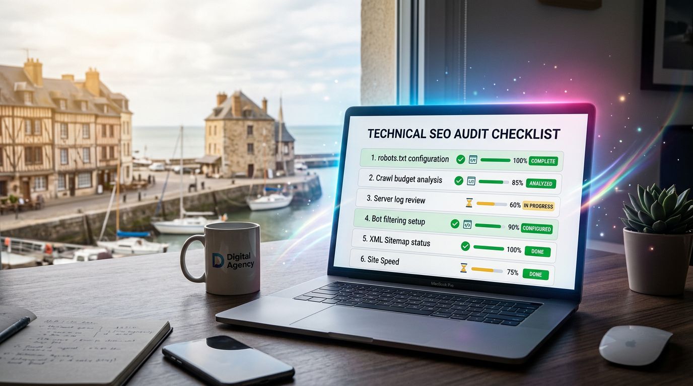 Checklist d'audit SEO technique avec robots.txt, budget de crawl et configuration des filtres bots