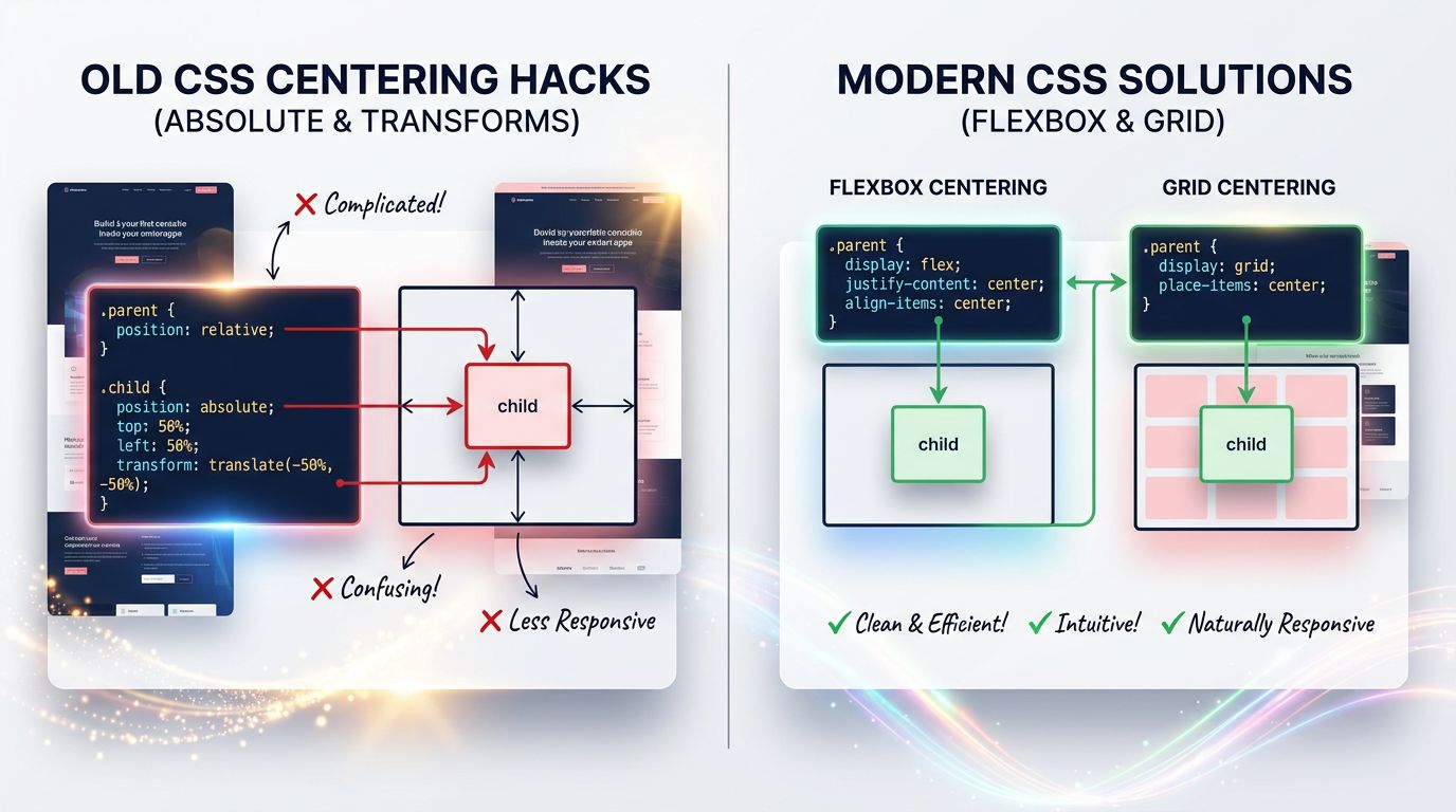 Comparaison entre anciennes techniques de centrage CSS et les approches modernes avec Flexbox et Grid