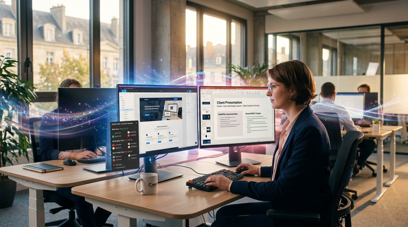 Webdesigner überprüft Barrierefreiheits-Kontraste in Figma mit einem WCAG-Tool