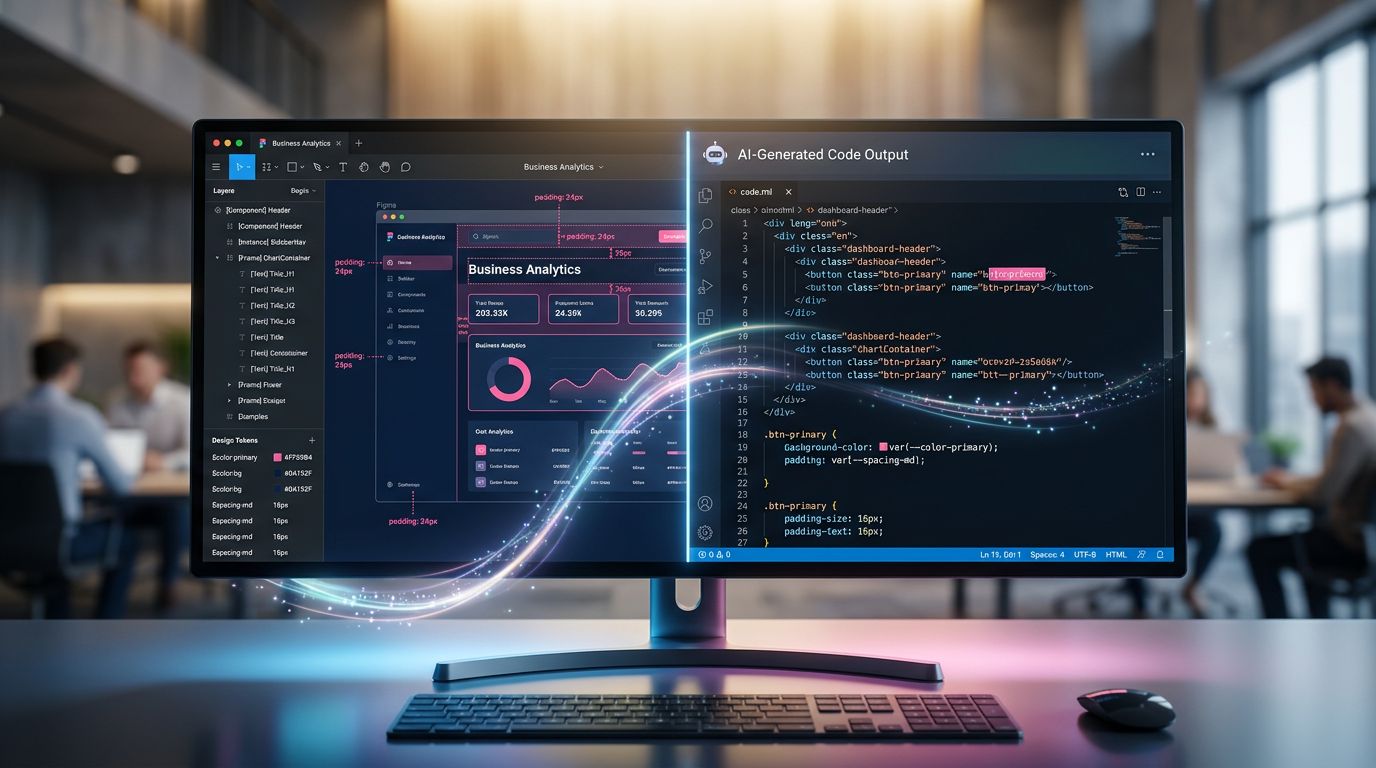 Figma-Mockup mit Design-Tokens links und automatisch von KI generiertem Code rechts